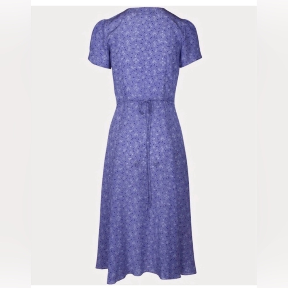 Realisation Par Teale Floral Silk Short Sleeve Tie Waist Wrap Midi Dress Purple - Picture 6 of 12